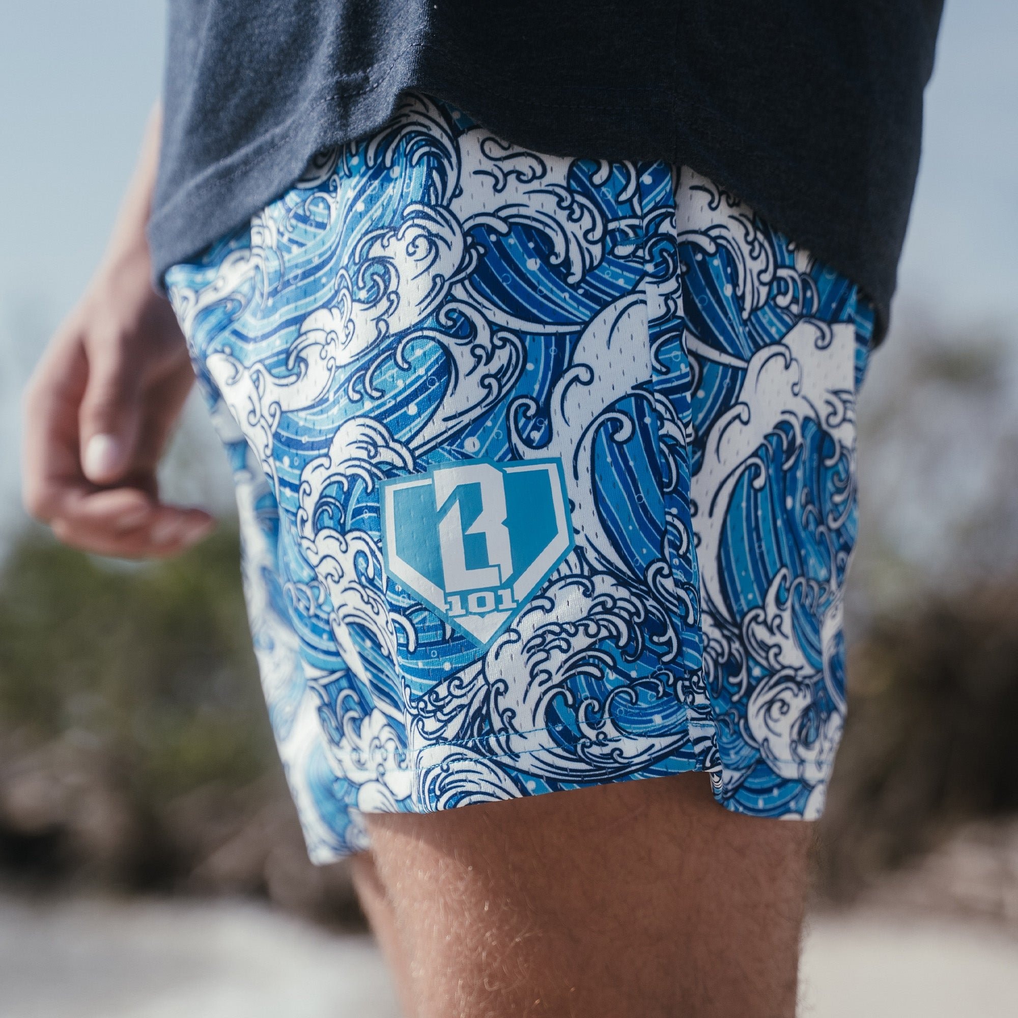 Wave Shorts Baseball Mesh Shorts Allover Ocean Print Blue Waistband 5" Inseam