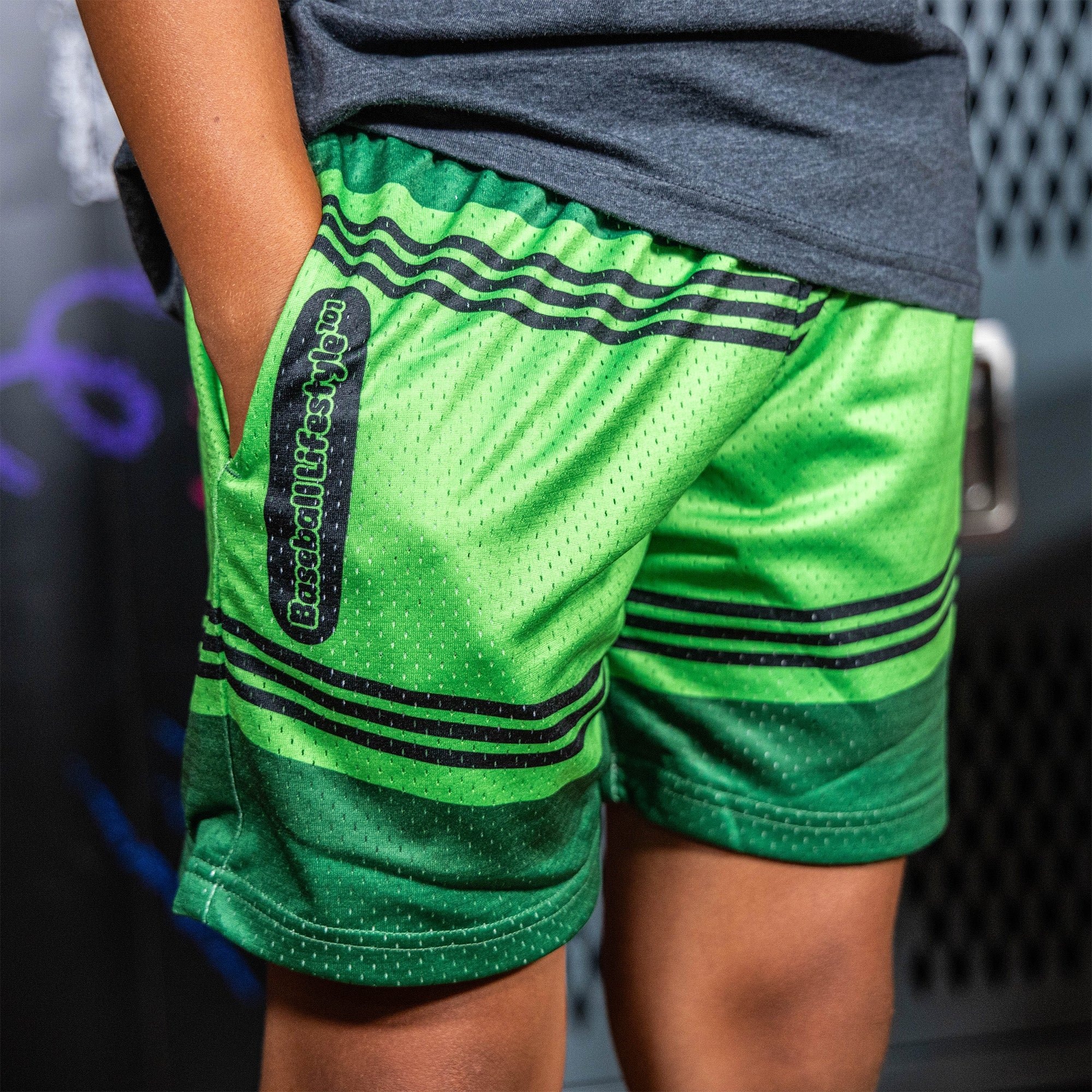 Crayon Turf Green Mesh Shorts - Baseball Lifestyle Allover Pattern Side Pockets