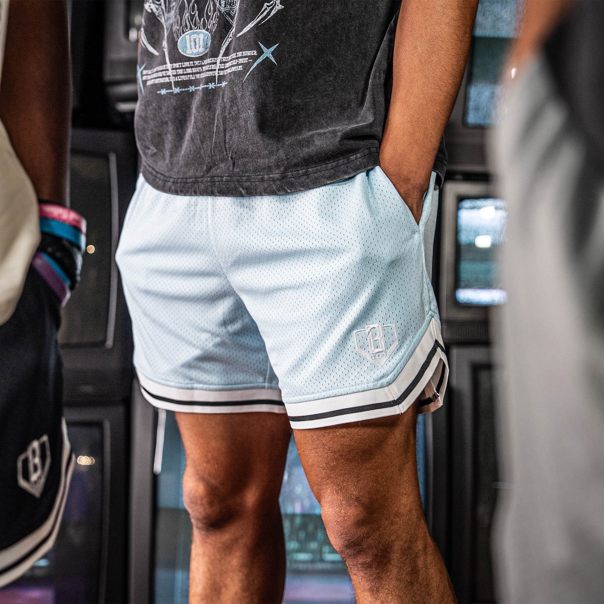 Court Shorts - Powder Blue Mesh Gym Shorts with Retro Trim