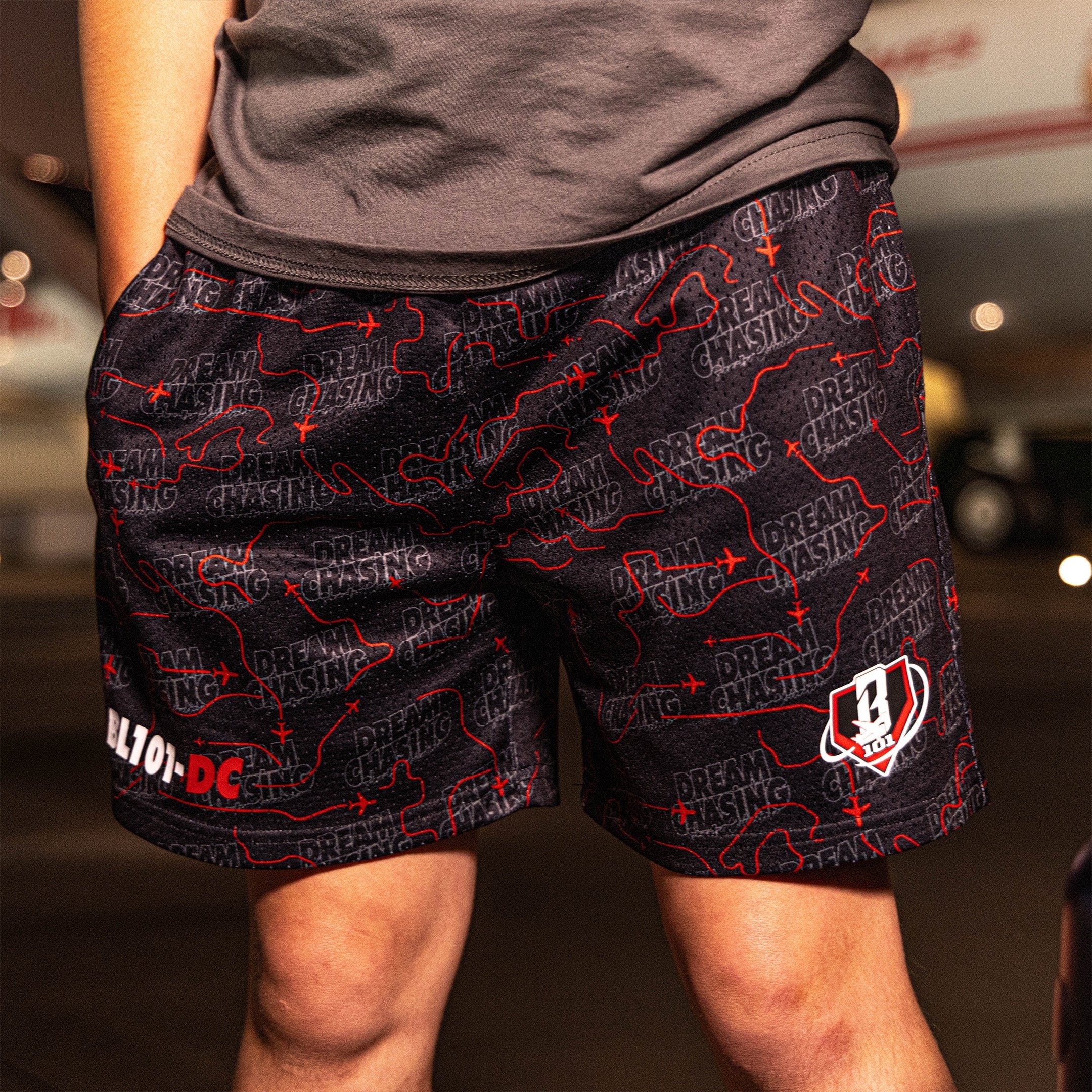 Dream Chaser Shorts - Red Eye Black Print Mesh Athletic Shorts with Red Waistband