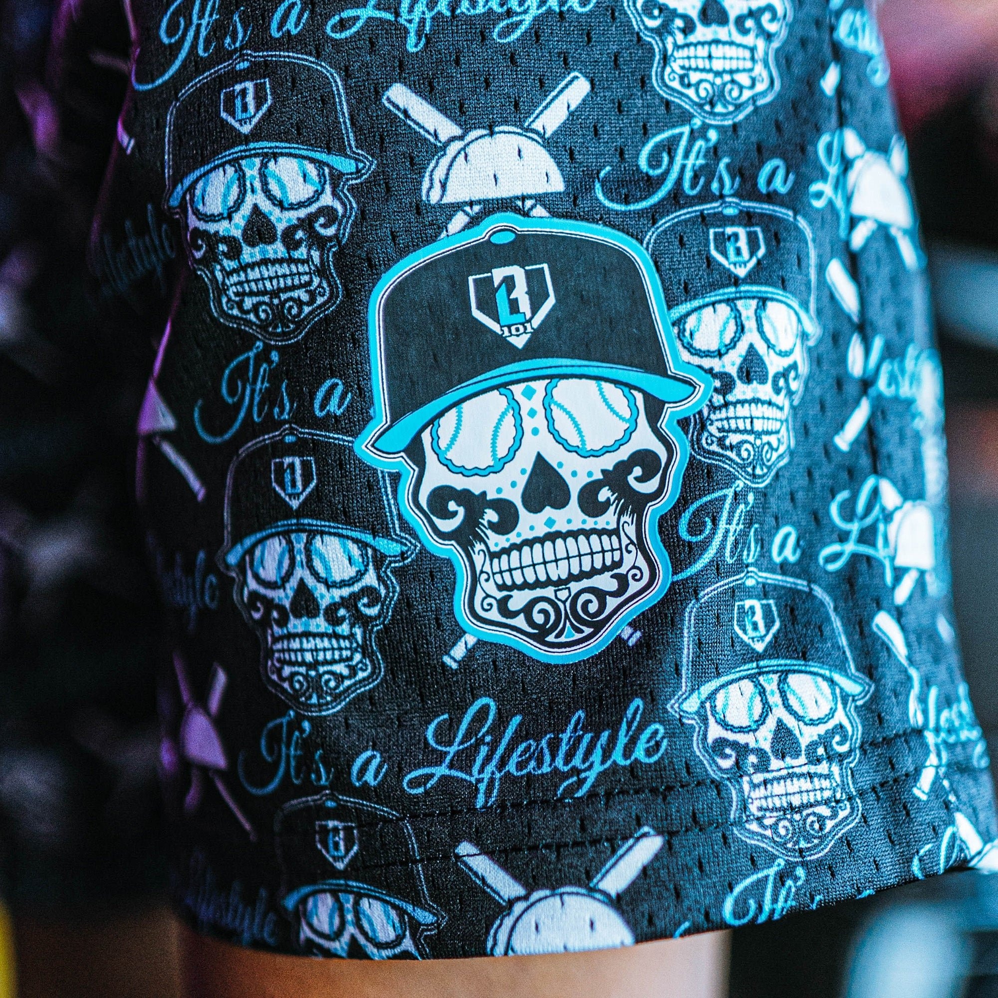 Slugger Skull Shorts - Black Mesh Baseball Shorts with Blue Waistband