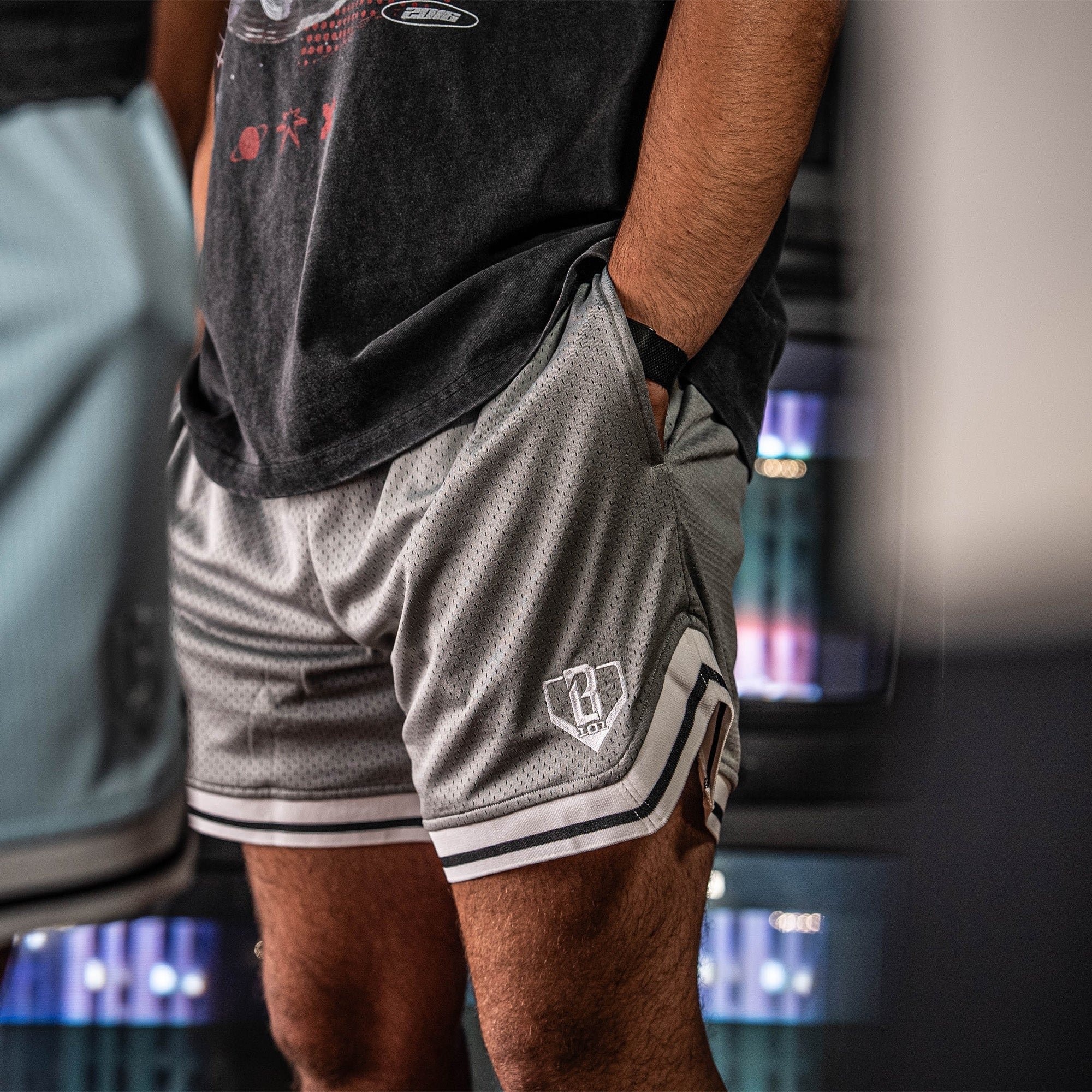 Court Shorts Slate Gray Mesh Athletic Shorts with Retro Trim